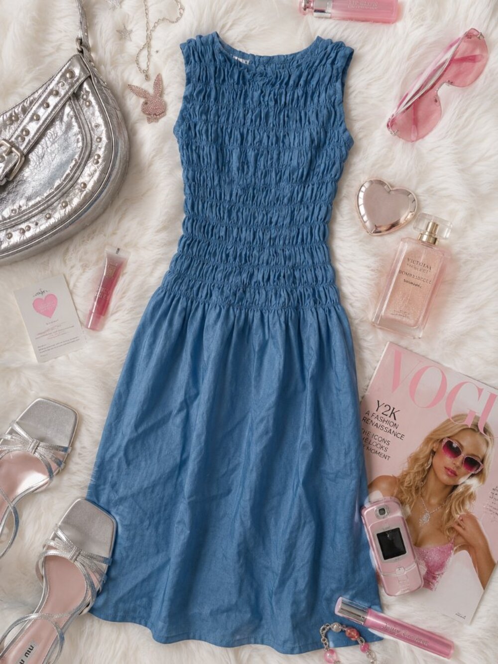 Linenfox Blue Smocked Linen Midi Dress Sleeveless Size XS